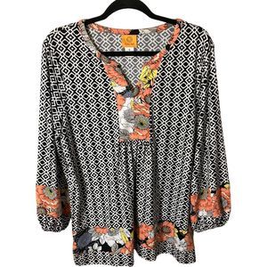 Ruby Rd. Womens Medium Black/White Floral 3/4-Sleeve Embellished V-Neck Top